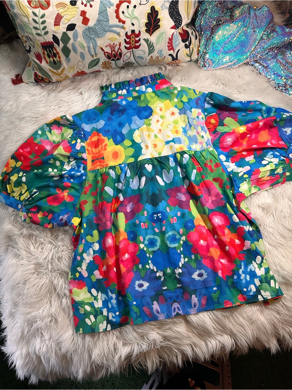 Floral Puff Sleeve Mandarin Collar Ruffle Blouse - Picture 4 of 12